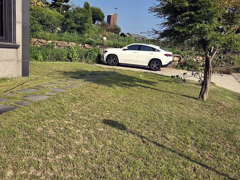 펜션 주차 공간 앞 잔디 예초 완료 상태